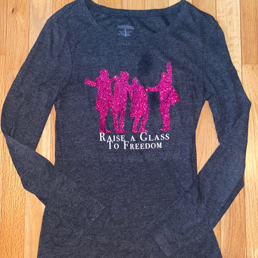 Hamilton Raise a Glass to Freedom Custom Glitter Vinyl Shirt Old Navy Size Med